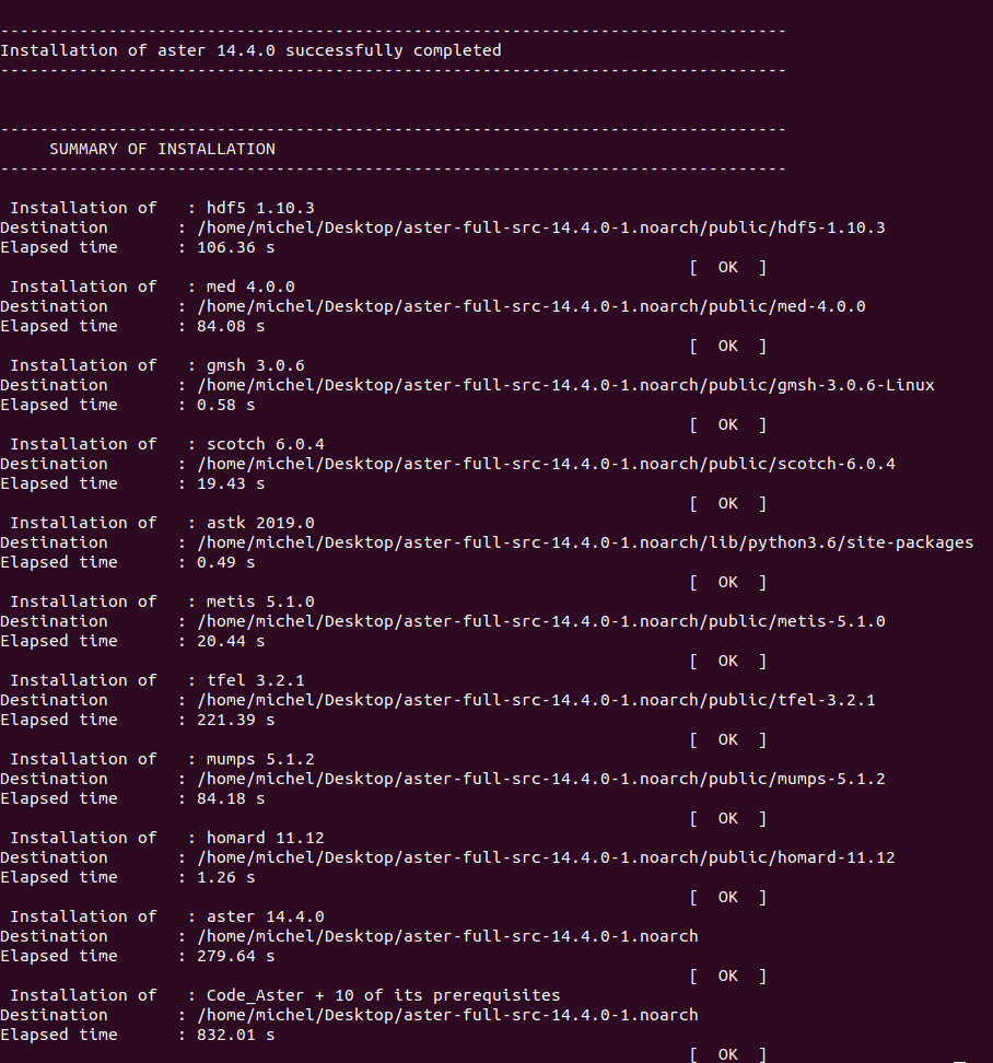 Terminal output for a successful installation